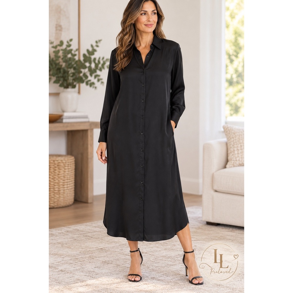 Quince Silk Shirt Dress Womens Large Black Stretch Midi Button Down Quiet Luxury